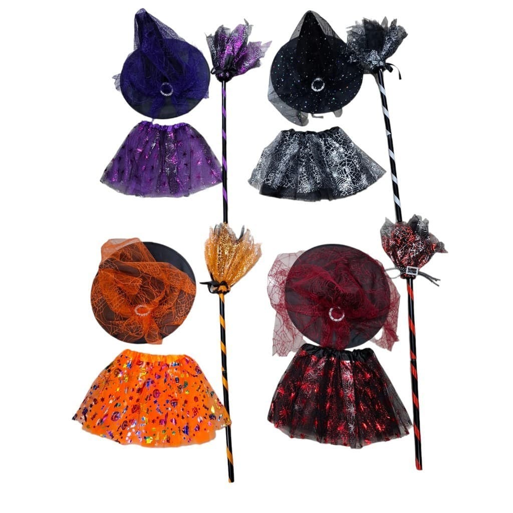 Kit fantasia saia e chapéu e vassoura com 3 peças pra Halloween carnaval cosplay (INFANTIL)