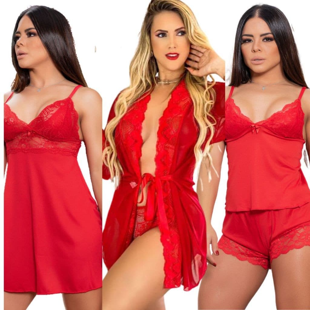 Kit com 1 Camisola Sensual Feminina + 1 Robe Feminino + 1 Baby Doll Short Doll Pijama
