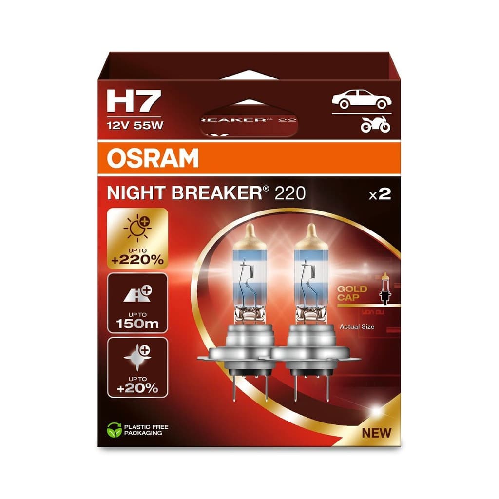 Par de Lâmpada Osram Night Breaker 220 H7 55w 12v + 220% Luz
