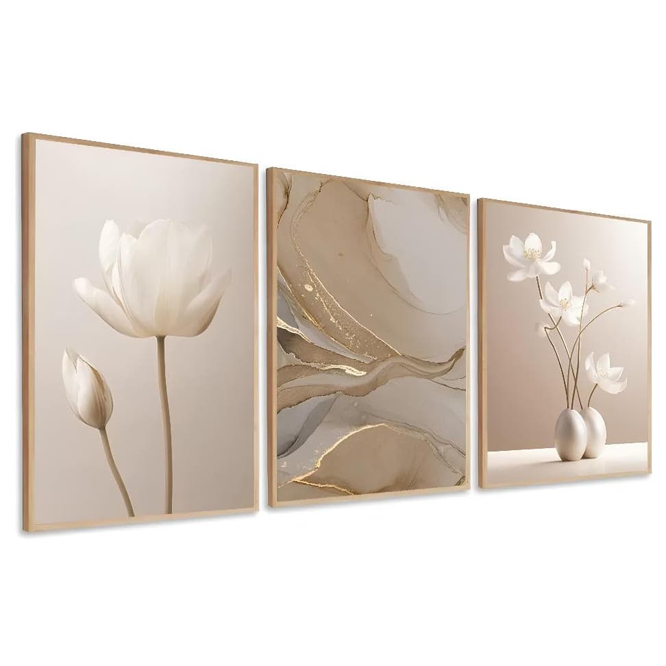 Kit 3 Quadros Decorativos Flores Abstrato Linha Gold Luxo Mosaico Sala Quarto Escritório