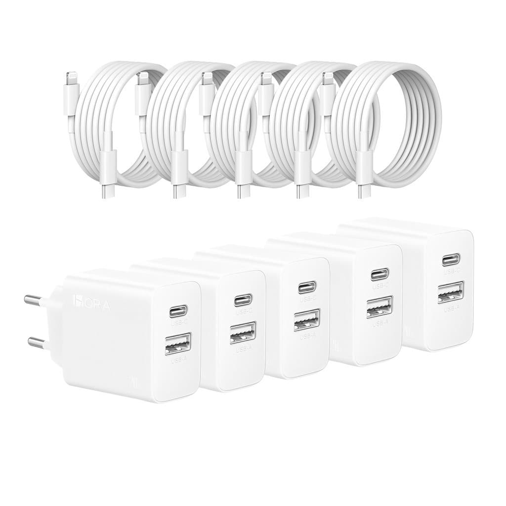 KIT 5X Carregador Usb 1Hora, Pd 20W Porta A/C + Cabo C/Lightning Branco
