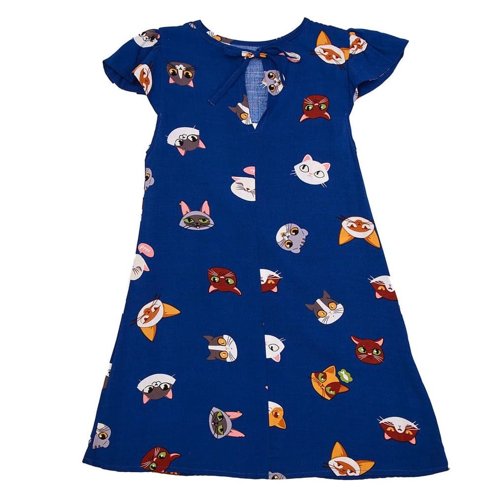 Vestido Com Mangas Franzidas E Estampa De Gatos