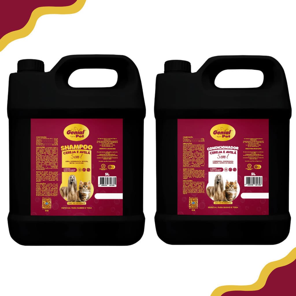 Kit Shampoo 5 em 1 + Condicionador Neutro Cereja e Avelã para Cachorro e Gatos Genial 5 Litros
