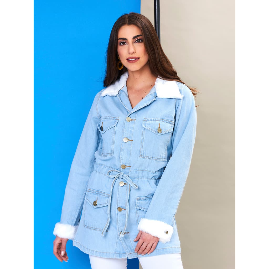 Jaqueta Parka Jeans Feminina com Pelinho na Gola e Punho Peluciada