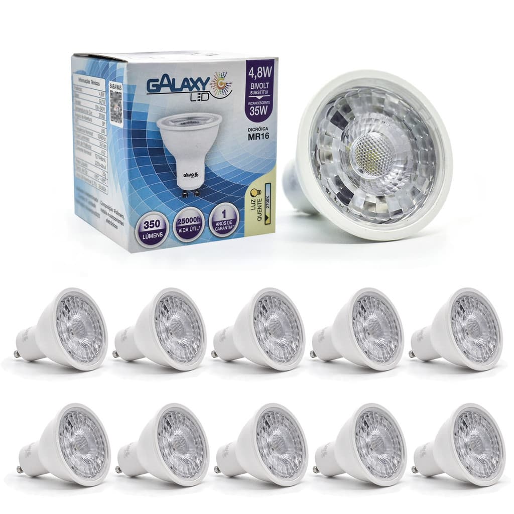 10x Lâmpada Led Dicroica Gu10 4,8w Mr16 Branca Quente 2700K
