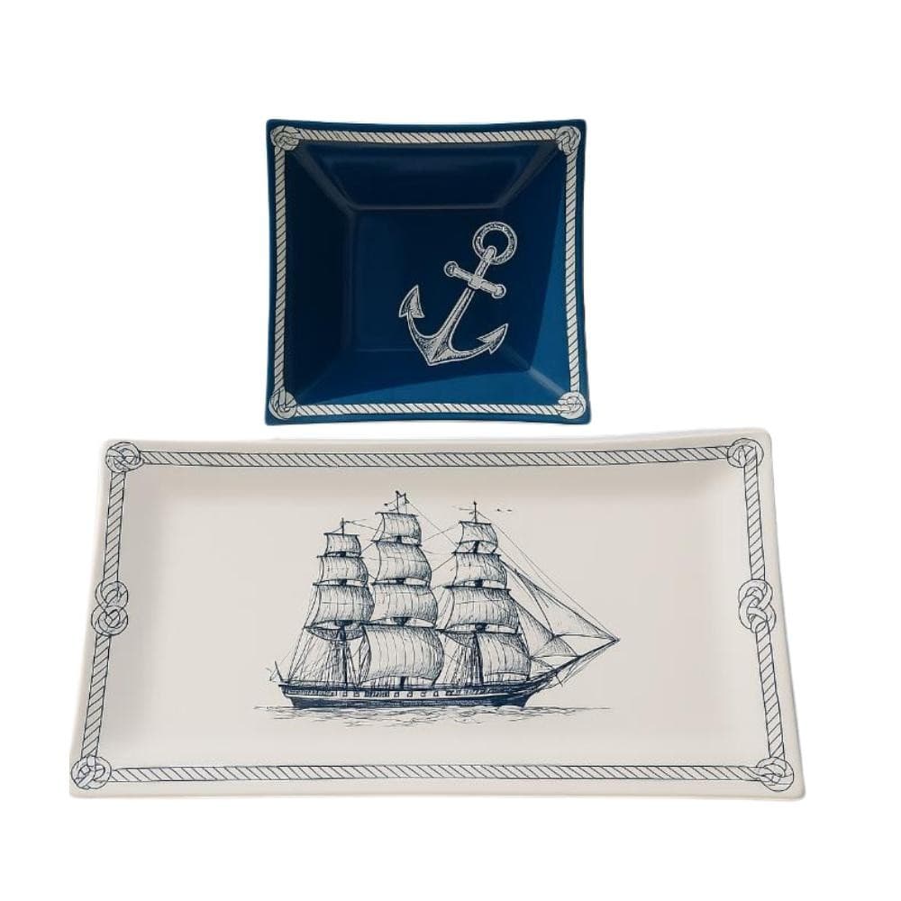 Kit Mesa Posta Travessas de Vidro Estampadas Barco e Âncora
