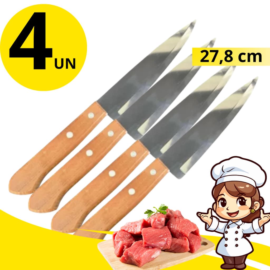 Kit 4 Facas Inox 27,8cm Peixeira e Multiuso com Cabo de Madeira – Alta Qualidade