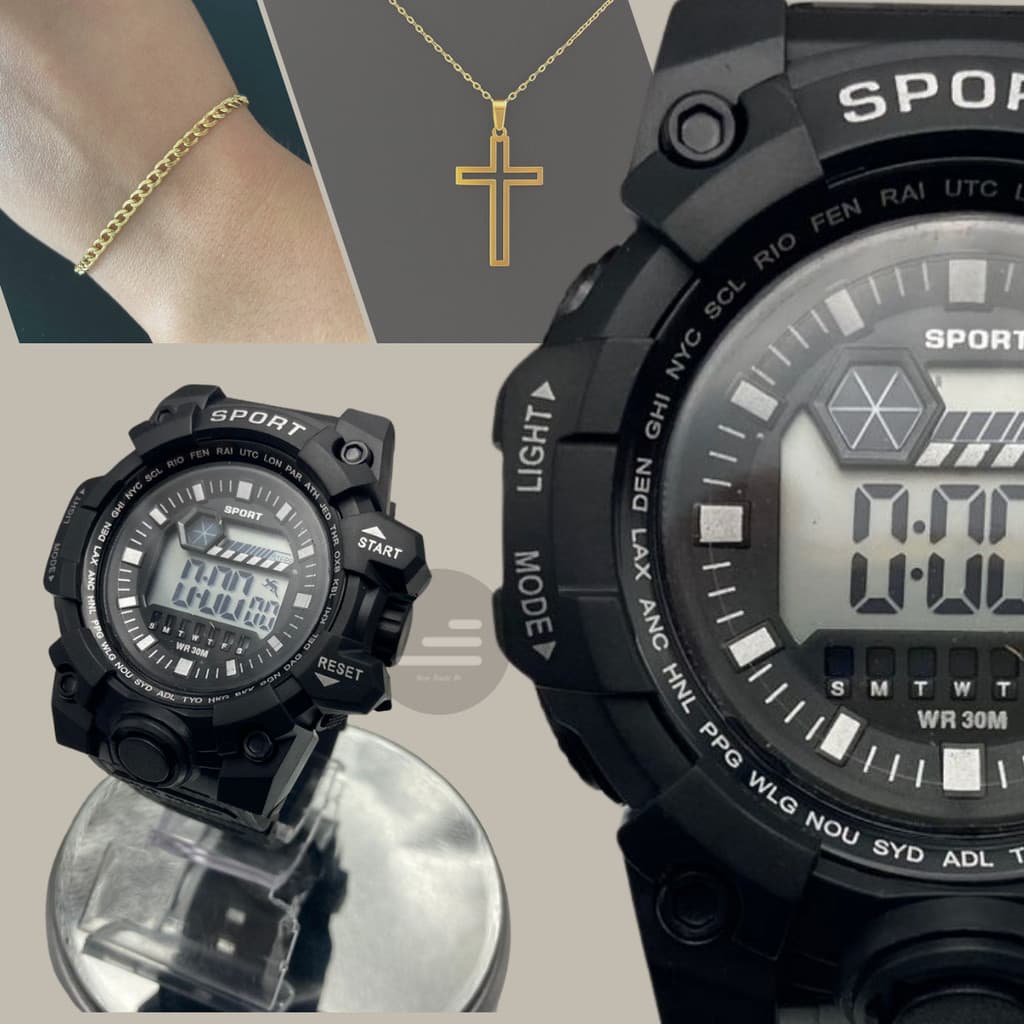 Kit Relógio Masculino Preto Digital Robusto Sport Shock