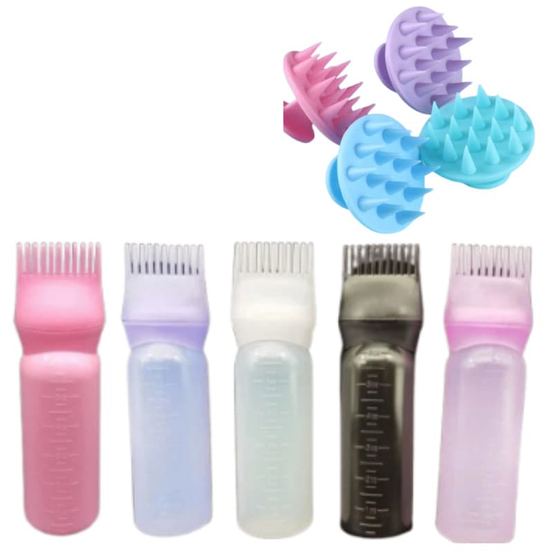Kit Pente Frasco Aplicador De Tinta De Cabelo Com Pente De Dentes 170ml + Massageador Capilar