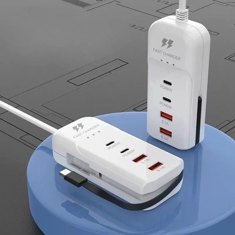 Carregador Multifuncional de 4 Portas 2 USB e 2 PD com Cabo de Extensão 1m e Tipo C - BINGO