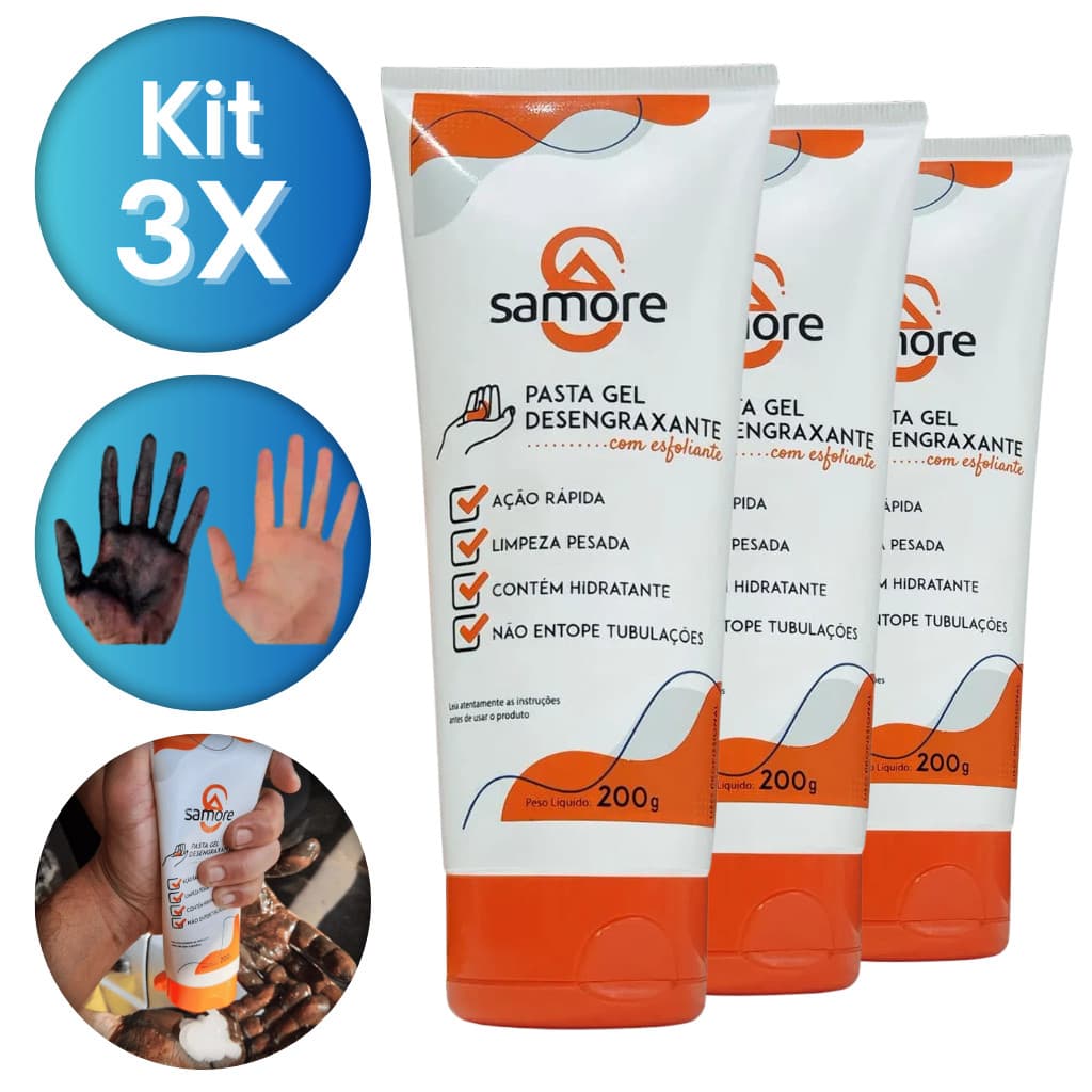 Kit 3x Pasta Desengraxante Gel Para as Mãos 600g Com Hidratante Ação Esfoliante Samore Limpa Graxa das Mãos Ação Rápida