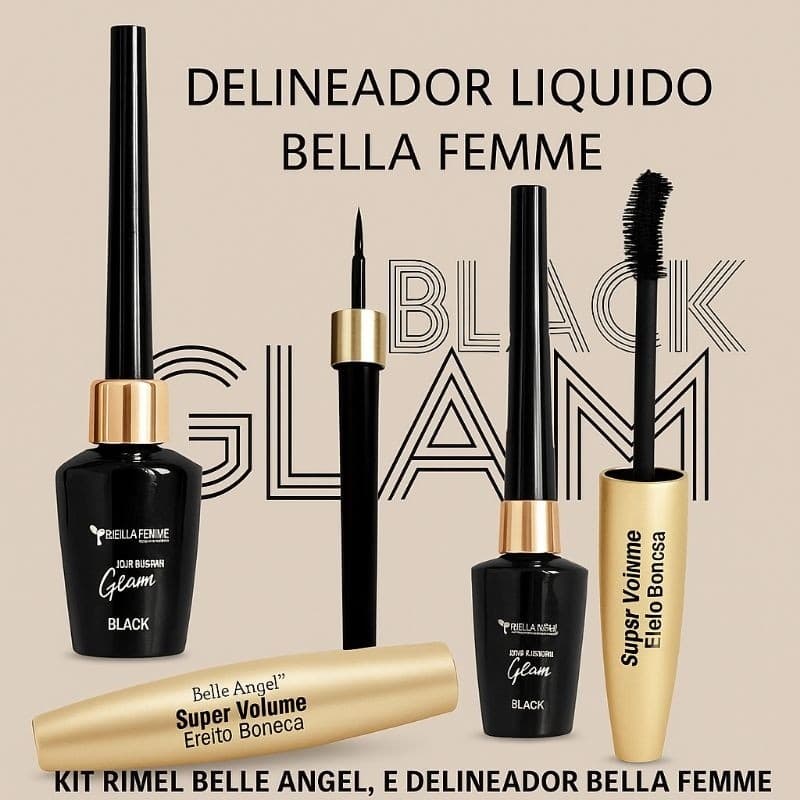 Kit Olhar Glamouroso  Delineador Bella Femme + Rímel Belle Angel Super Volume B039 Efetito Boneca