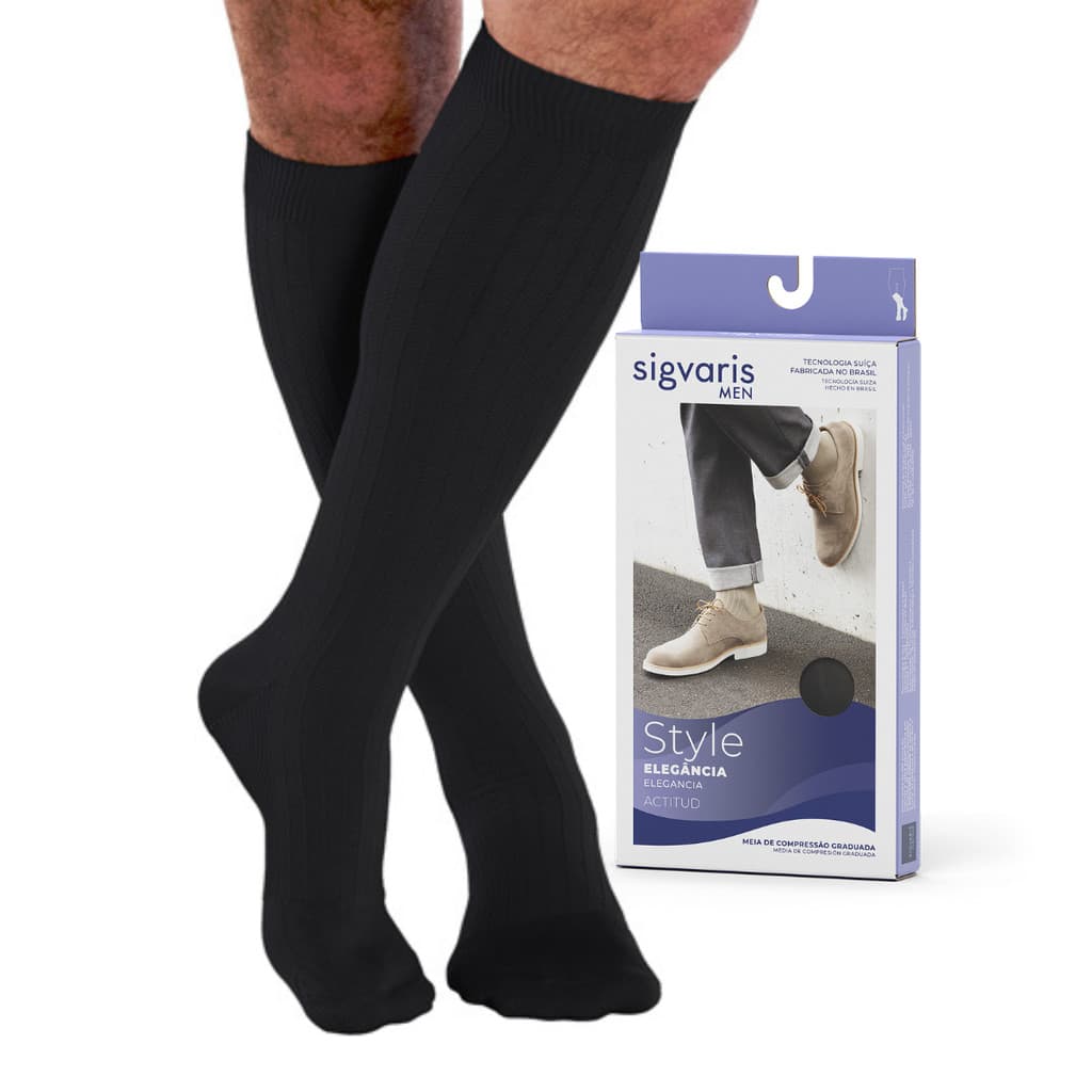 Meia De Compressão Masculina 3/4 Panturrilha Sigvaris Preta 15-20mmhg Trombose Edema Linfedema