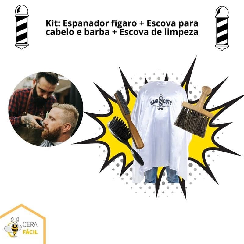 Kit Espanador fígaro + Escova para cabelo e barba + Escova de limpeza
