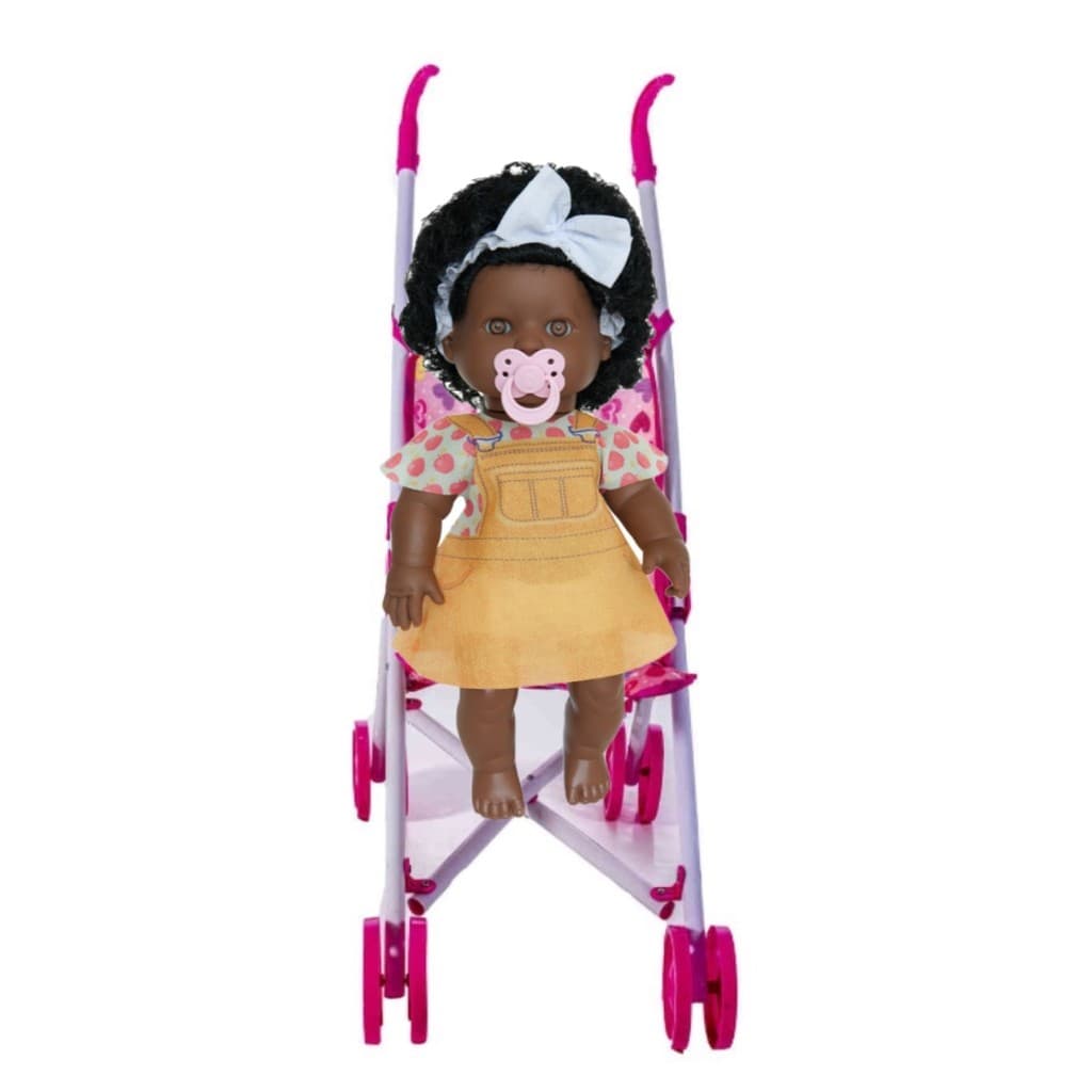 Boneca Danadinhas Negra Com Chupeta Menina + Carrinho Rosa