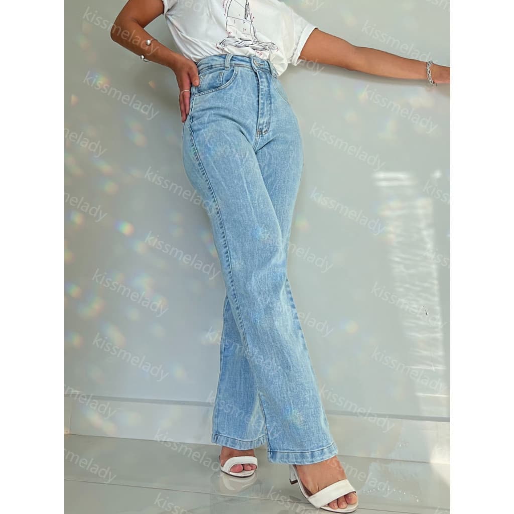 SainaOffece 1301 8257 Calça Jeans Feminina Wide Leg Pantalona Cintura Alta Moda Atual