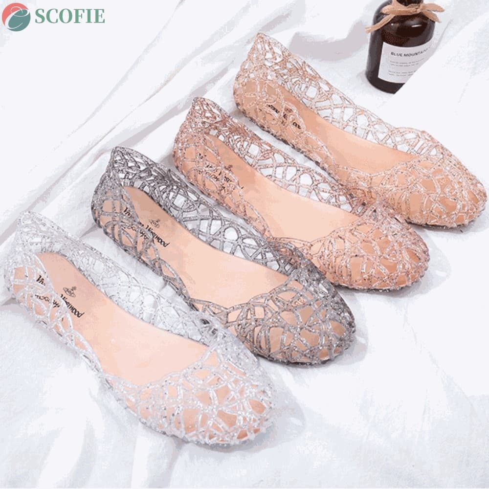 SCOFIE Sandálias Femininas , De Sola Plana , Sapatos De Geleia De Praia Transparentes Boca Raso Respirável Verão