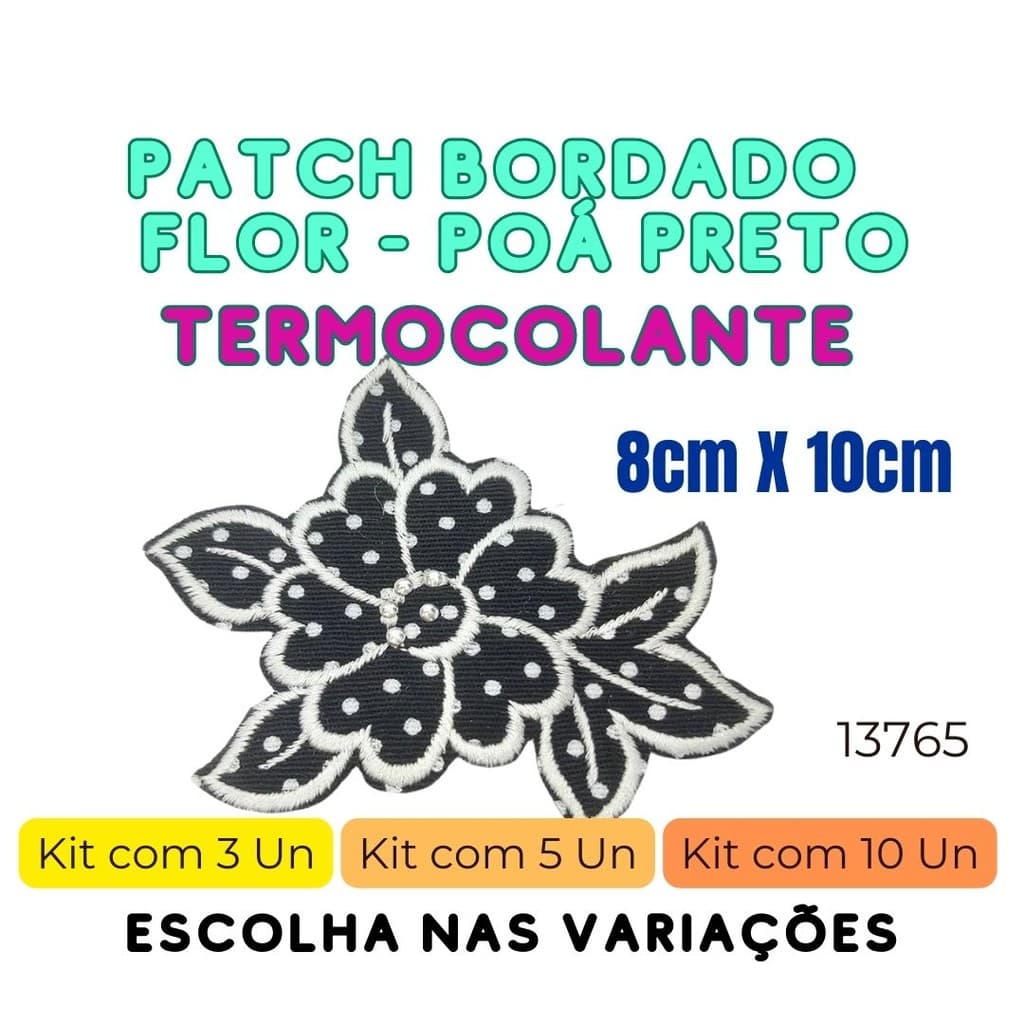Patch Bordado Flor Termocolante Aplique pra customização 8cmX10 cm Preto 13765 35Q2