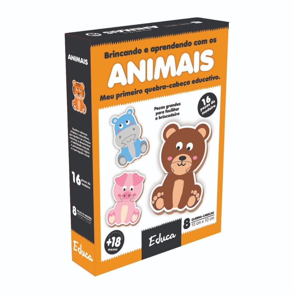 Meu Primeiro Quebra-Cabeça 2 Partes Animais em Madeira – Brinquedo Educativo Infantil