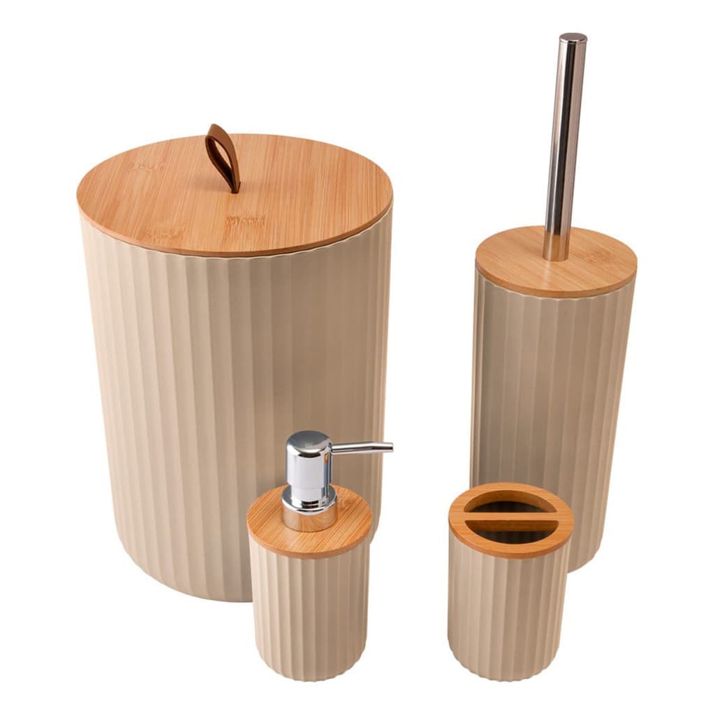 Conjunto Banheiro Completo Lavabo Kit 4 Peças Bambu Luxo Elegante Cores Bege Cinza