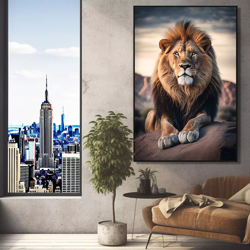 Quadro Decorativo 110x80cm Grande Luxo Leão na Montanha Hall Casa Sala Quarto Decoração De Parede Mdf Adesivo Grande