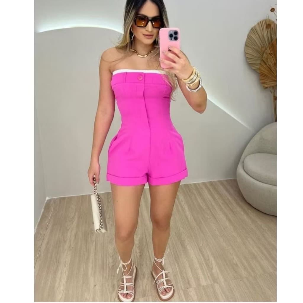 Macaquinho Curto Feminino Bicolor Alfaiataria com Zíper – Tendência Verão