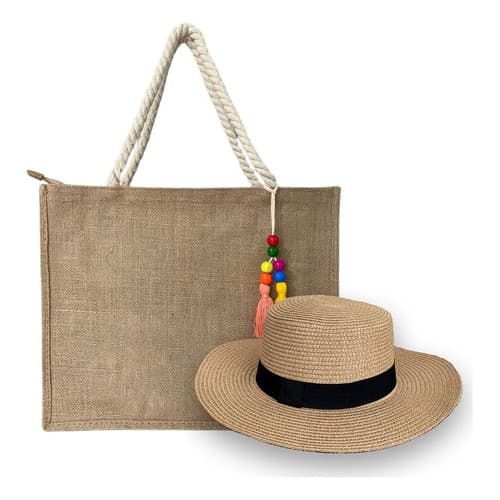 Bolsa Sacola Praia Grande Feminina Ombro + Chaveiro E Chapéu Cor Marrom