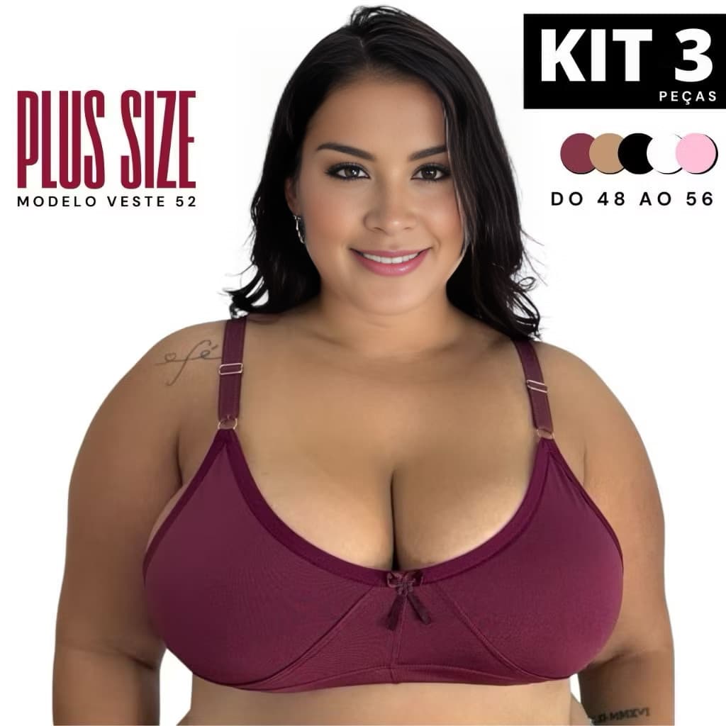 Kit 3 Sutia Sustentação Plus Size Reforçado Lateral Larga Sem Bojo Promoção