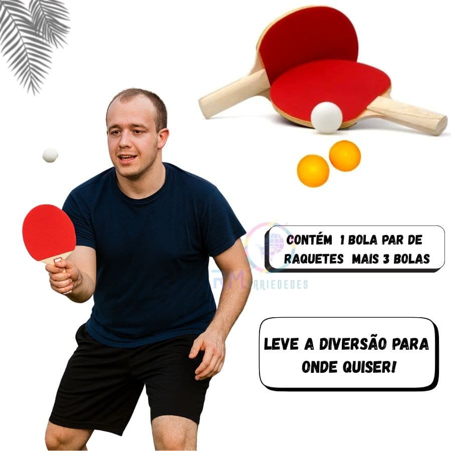Kit Ping Pong Conjunto 2 Raquetes Tênis de Mesa e 3 Bolinhas Coloridas