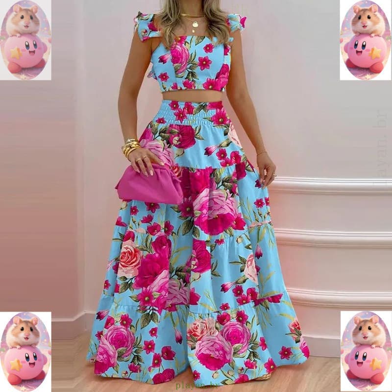 Conjunto de Vestido Estilo Boêmio Sem Mangas de Verão para Mulheres Gradiente Colorido Cor Sólida Cintura Elástica Longo