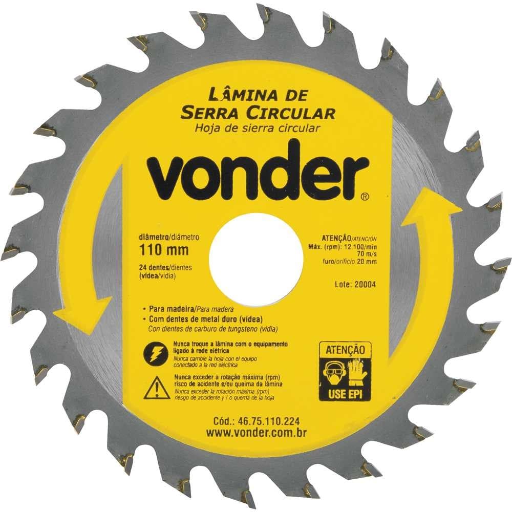 Lâmina de Serra Circular com Dentes de Metal Duro/Vídea, 110 mm x 20 mm, 24 Dentes, VONDER