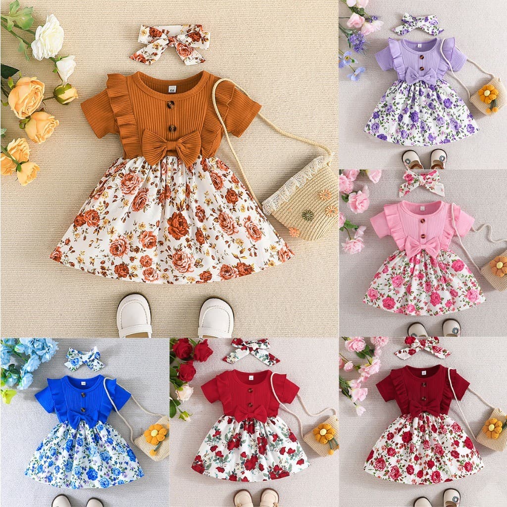 Vestido Bebê Menina 0-2 Anos Algodão Floral Manga Curta Brinde Tiara Batizado Aniversário Presente