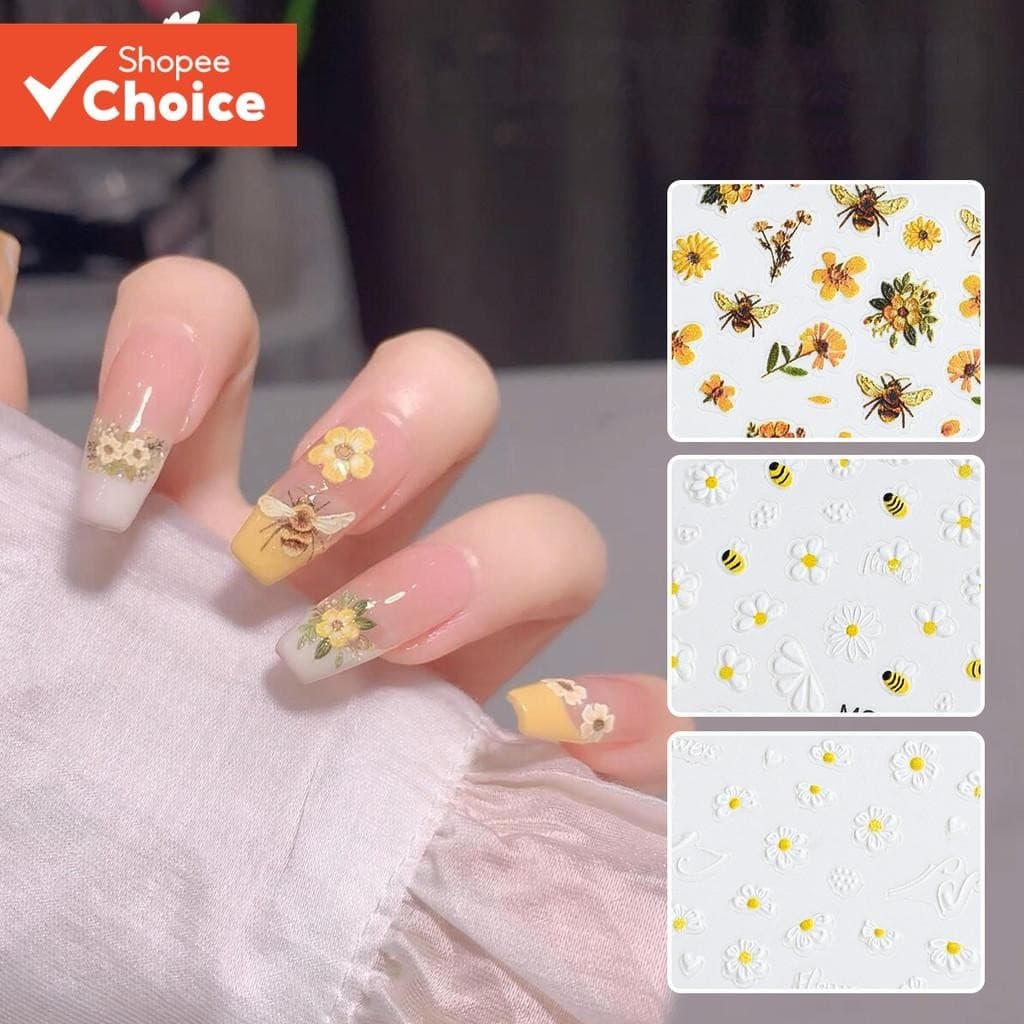 Monja 3D Em Relevo Flor Amarela Abelha Adesivos De Unhas Alívio Autoadesivo Decoração De Manicure DIY