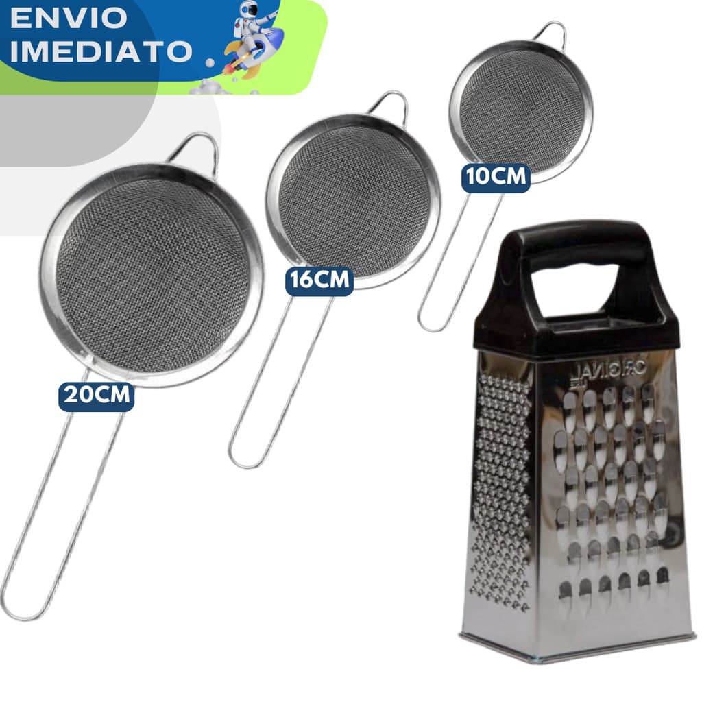 QUEIMA ESTOQUE 4 Utensílios Ralador e Peneiras INOX 20cm 16cm 10cm Premium Cozinha Restaurante Casa Suco Coador Legumes