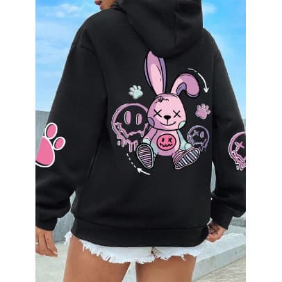 Moletom Canguru Estampado Coelho Cute Girls Streetwear Inverno Blusa de Frio Flanelada