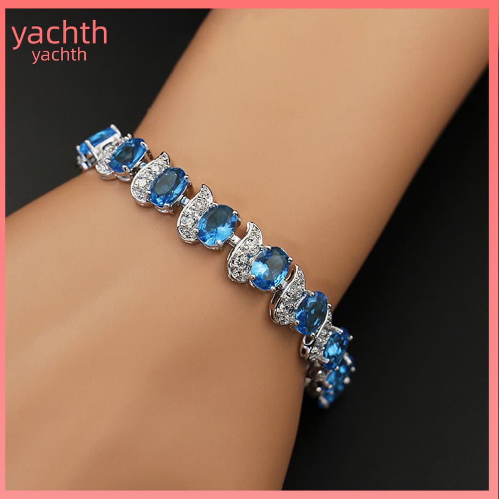 [Yac]Pulseira Feminina Folha Charme Elegante Clássico Ajustável Azul Strass Embutido Senhoras Moda Jóias