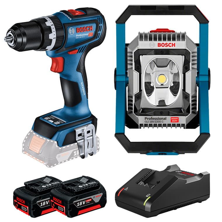 Kit Parafusadeira/Furad Imp 1/2" GSB 18V-90 C + Refletor LED GLI 18V-2200 C + 2 Bateria 4Ah + Carregador Rápido Bosch