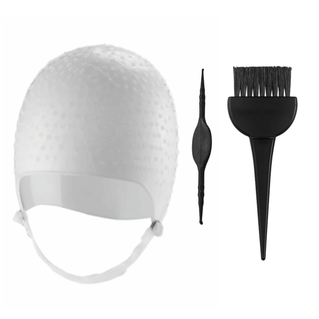 Kit Tintura Coloração hidratação Pincel e Touca Siliconada Mechas Luzes Com Agulha Dompel - Branco