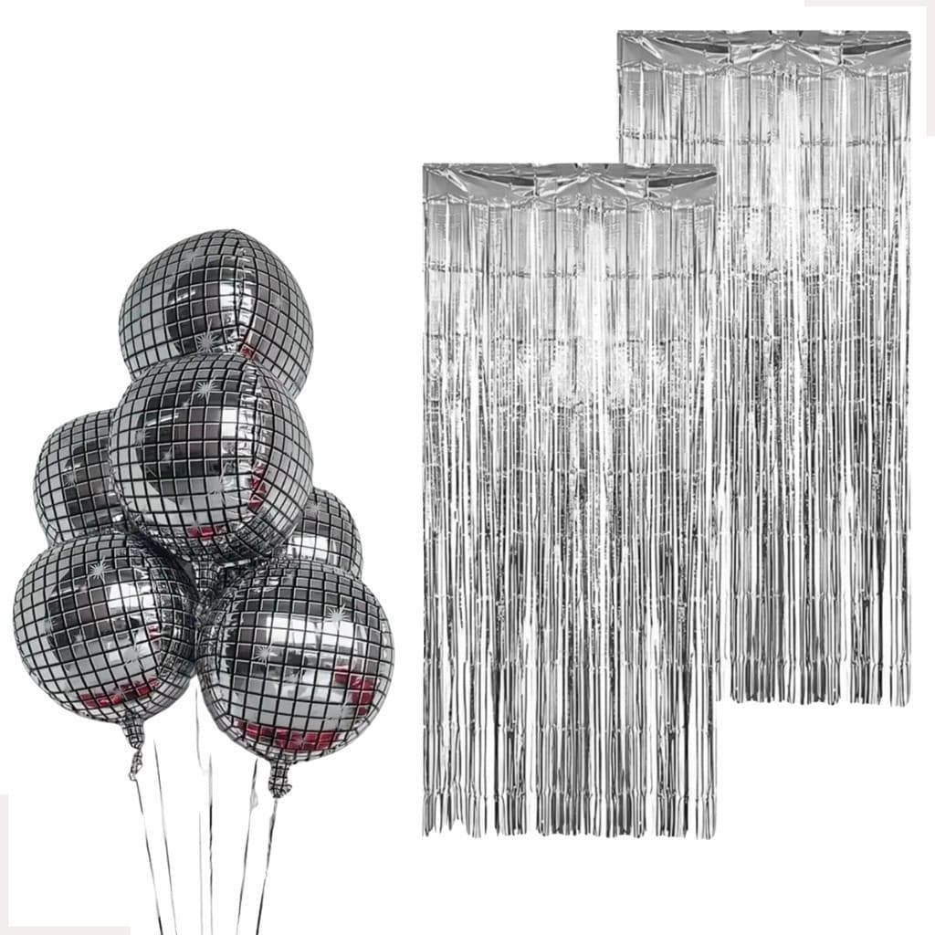 Kit 6 Balão Metalizado Globo Espelhado + 2 Cortinas Prata Franja Metalizada 1m x 2m
