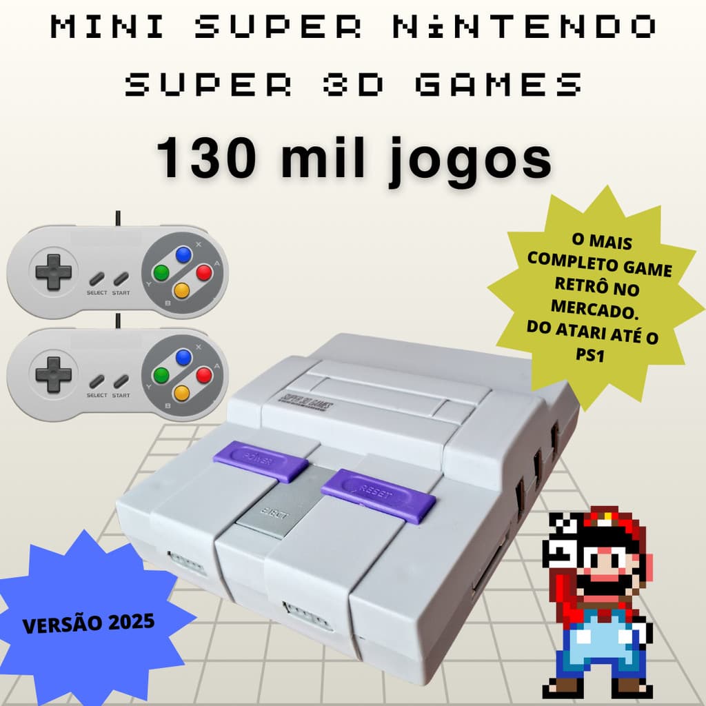 Mini Super Console Retro 130 mil Jogos Clássicos + 2 Controles - Super 3D Games Super Nintendo Color