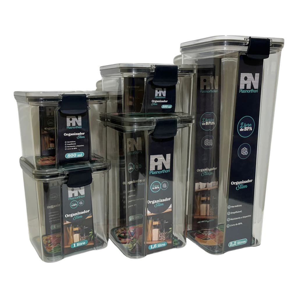 Kit 5 Potes Herméticos Com Tampa Vedação Quadrado Plasnorton