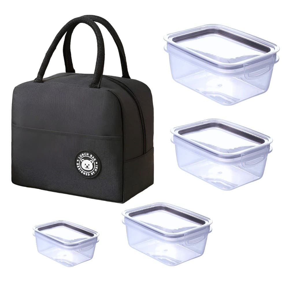 Bolsa Térmica Portátil + 4 Potes de Marmita 910ml 550ml 360ml e 175ml Fitness Freezer e Micro-ondas