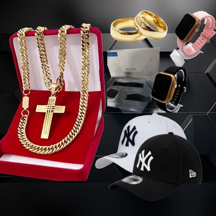 Aliança Casal + Relógio ultra Premium + Boné Premium + Colar Cruz 18k Envio Imediato para o ano novo