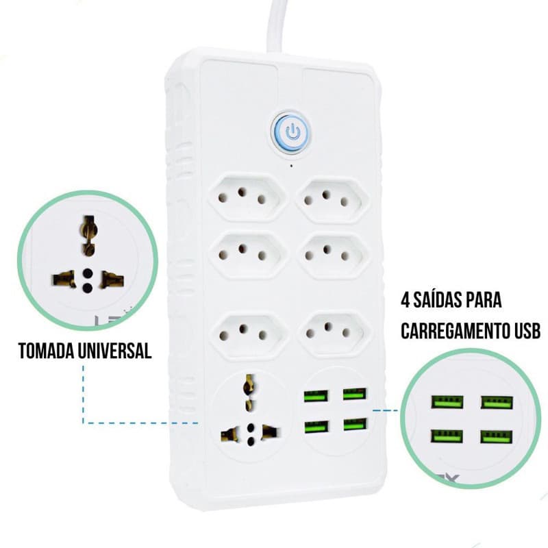 Régua Filtro de Linha com 7Tomadas Extensão Elétrica 1 Universal4 USB Bivolt10A 110v/220v Cabo de2 Metros-envio imediato