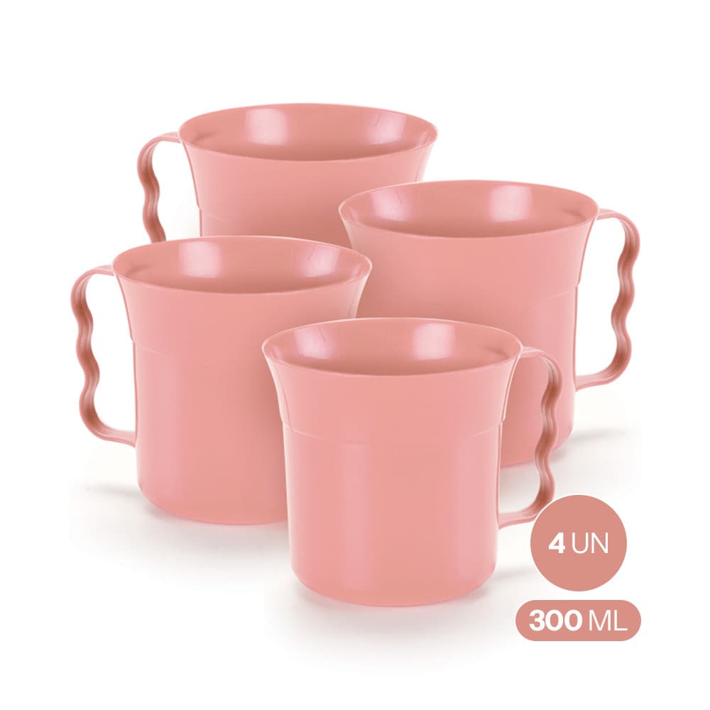 Kit com 4 Canecas Plásticas 300ml Resistente Alça Anatômica
