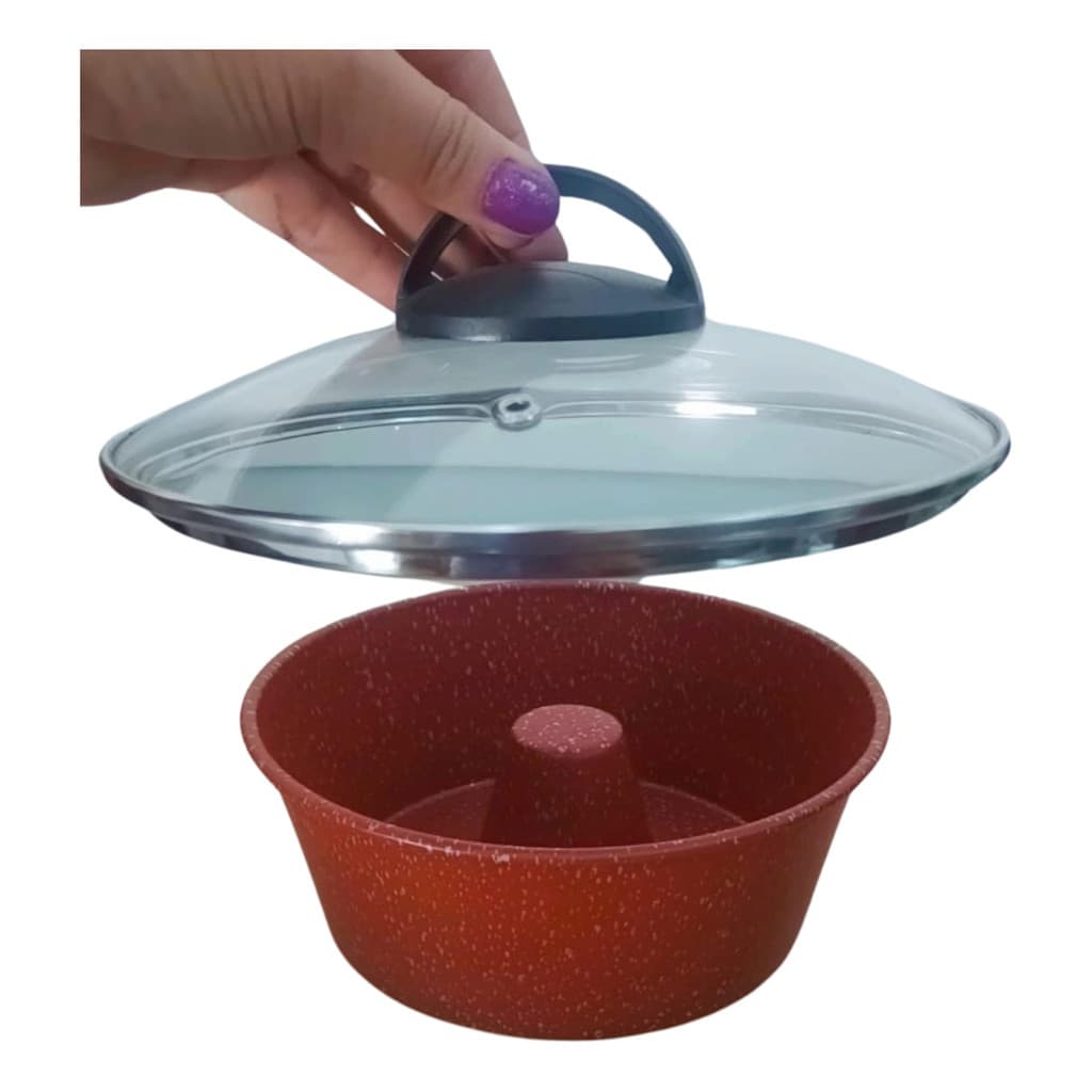 Forma Redonda Antiaderente 20cm Vermelho  Tampa Pudim Bolo