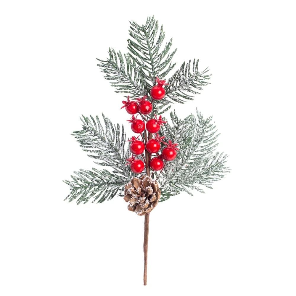 ENFEITE GALHO PINHA FOLHAS E FRUTAS VERMELHO VERDE 33CM NATALINO NATAL ÁRVORE DECORAÇÃO NEVADO 1103167