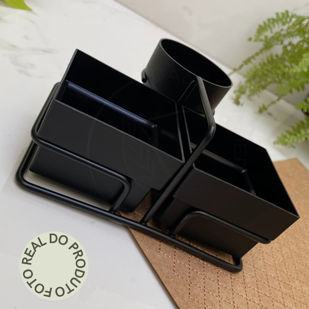 Porta Organizador para Sachês Divisórias Açúcar Adoçante Mexedor Preto Onix