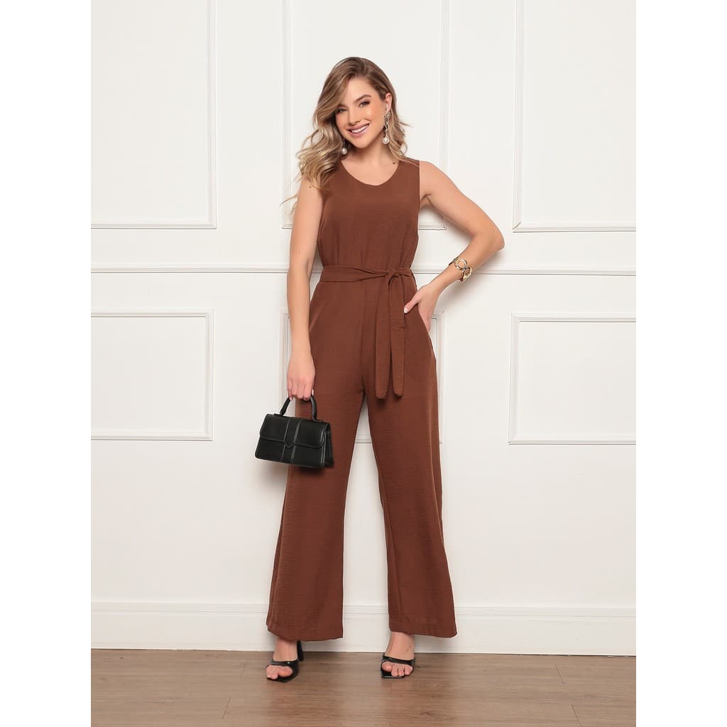 Macacão Longo Feminino Sem Manga com Cinto para Amarração Cintura Alta e Bolsos Laterais – Elegante e Confortável