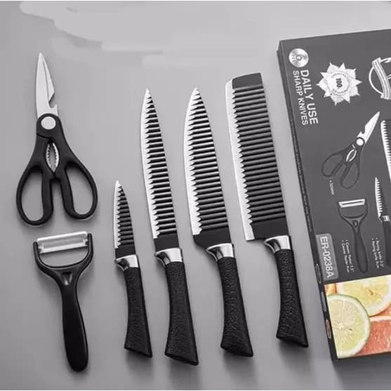 Kit de Facas p/ Cozinha 6 Peças Aço Inox | Lâminas Afiadas e Resistentes c/ Cabo Preto Antiderrapante